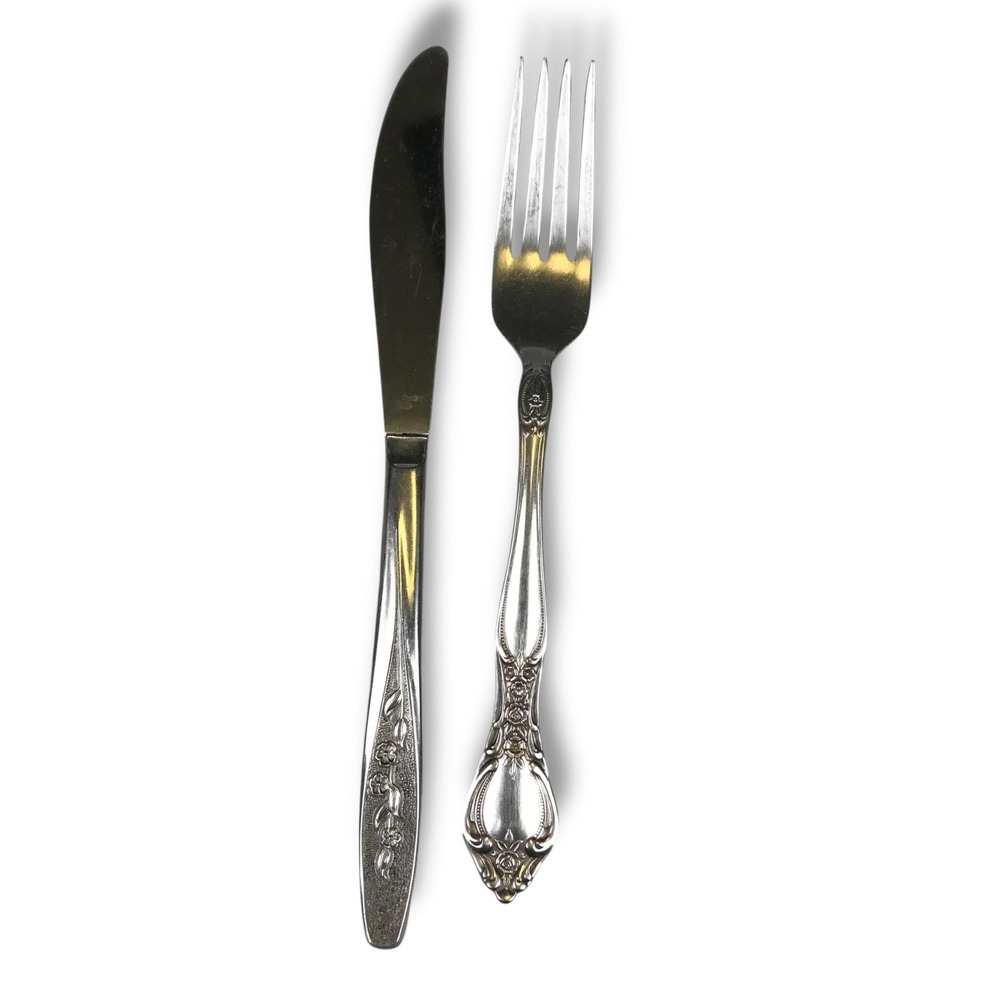 Miracle Maid Stainless Steel Flatware Set Knife Fork Floral Design USA Vintage‎